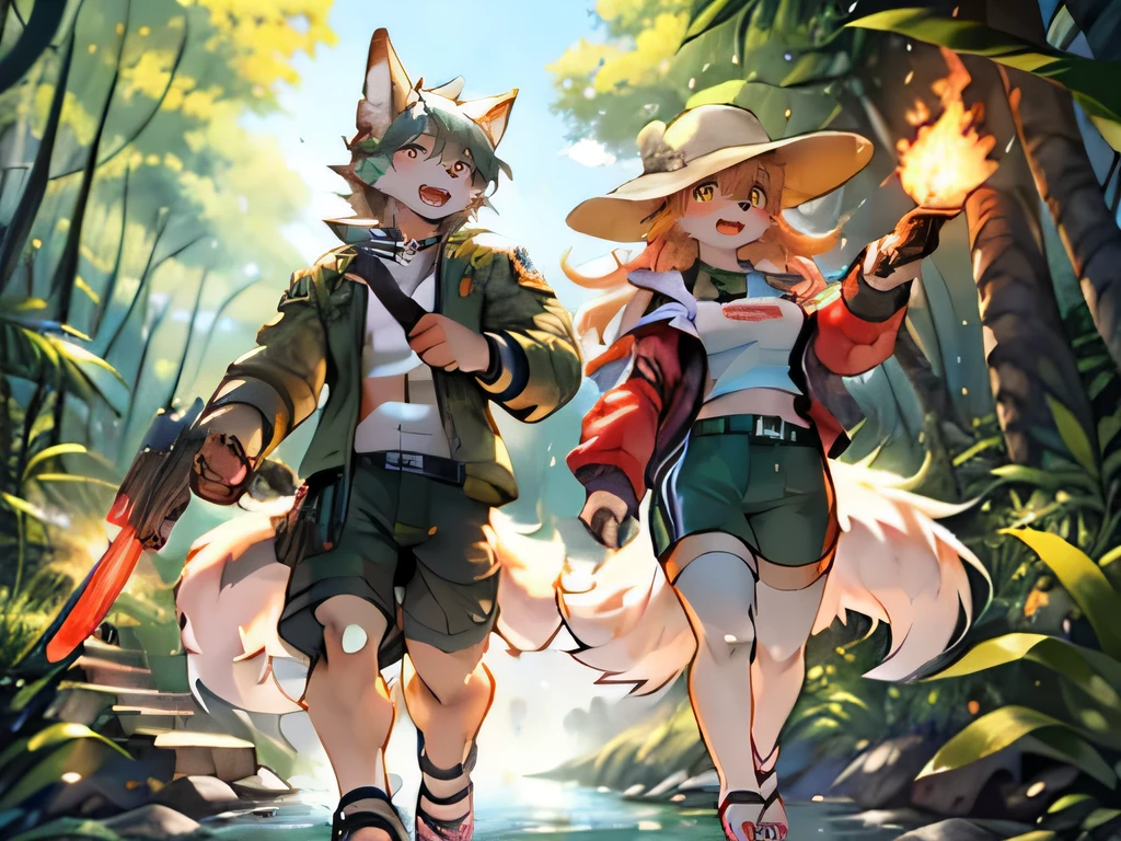 White wolf boy and girl in adventure,Orange pupils,excited,Rainforest,creek,Grass,Shade,dark,Fruit,sandals,White stockings,Army green shorts and jacket,Yellow sun hat,saber,High-tech submachine gun,Cyberpunk gear,Cool,Equipped with high-tech lighting uniforms,pistol,torch,Two wolf boys adventure side by side,