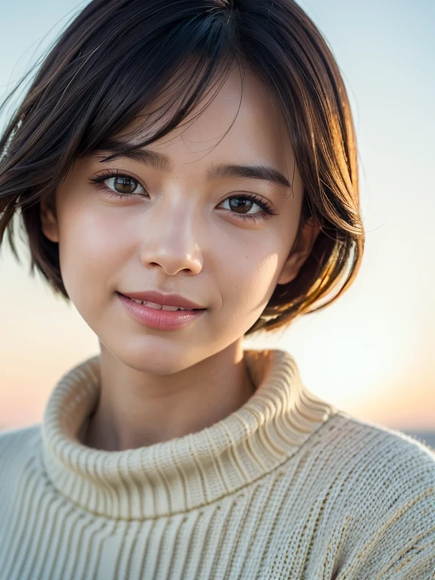 masterpiece, Best Quality, Raw photo, 8K, ultra-detailed face, 1girl, Close-up, Beautiful detailed skin, backlight, soft light, bashful, (shoot from front:1.2), happy smile, open your mouth to say something, Luminescent, Anatomically correct, short hair, hair blown by the wind, Eyes and faces with detailed, Textured skin, Professional Photography, Bokeh, Portrait, Professional Lighting, Solo, Cute, Girly, Film grain, sweater, outside, morning, windmill,
