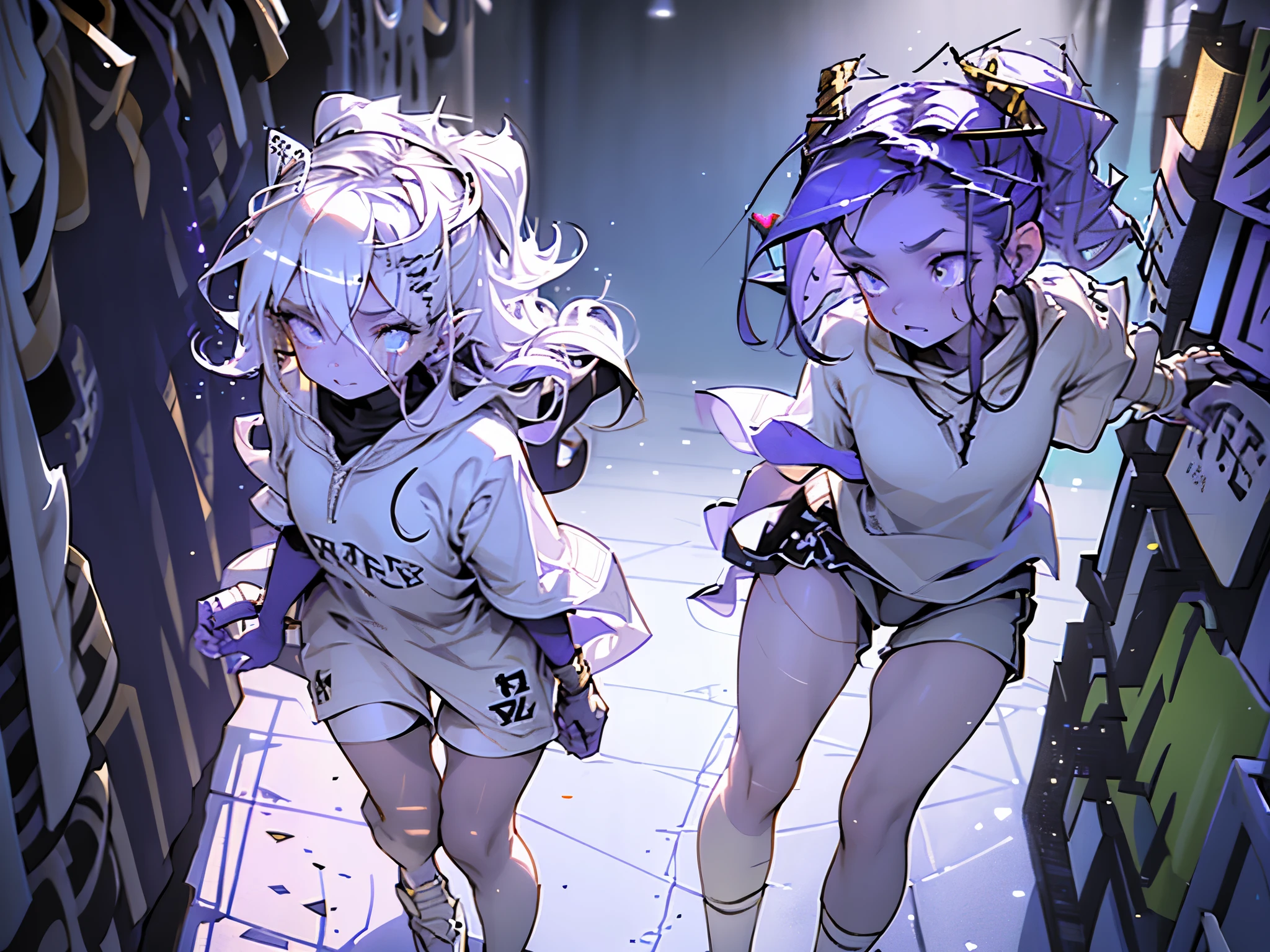 Boy Rabbit. dark lilac hair braided into a ponytail on the left side to one side. winding dark purple horns wrapped in dark purple ribbon. golden halo above your head. pale violet eyes. in short white shorts. long white T-shirt. white knee-high socks. white long cloak with a hood inside, dark lilac mantle with gold ornaments. concrete corridor. space