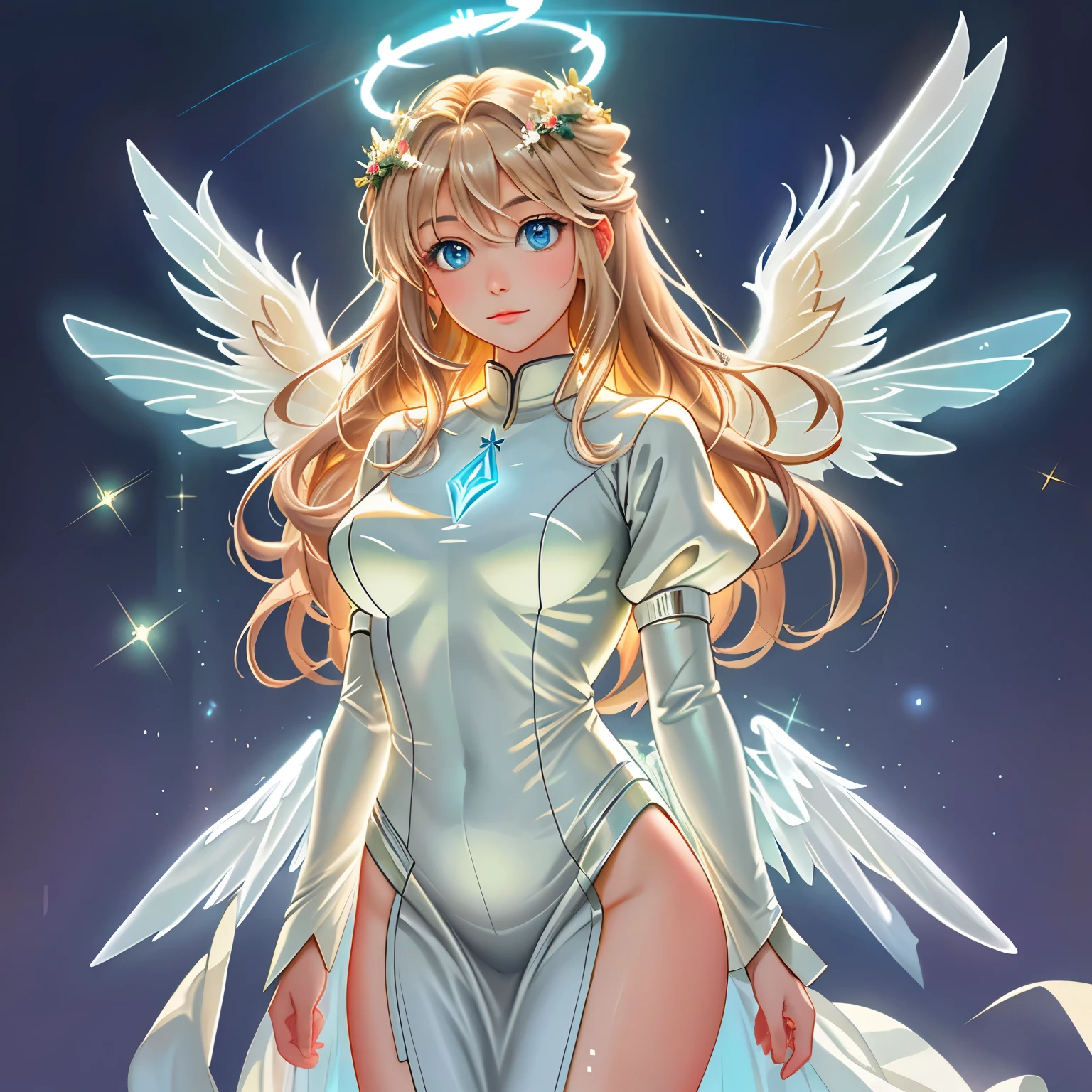 a picture of a glowing angel with a halo on its head, digital art by Eugeniusz Zak, flickr, digital art, glowing angelic being, ethereal angelic being of light, wings made of light, angelic light, beautiful gothic xray angel, glowing holy aura, white glowing aura, tron angel, angel spirit guide, ethereal!!!, ethereal wings
