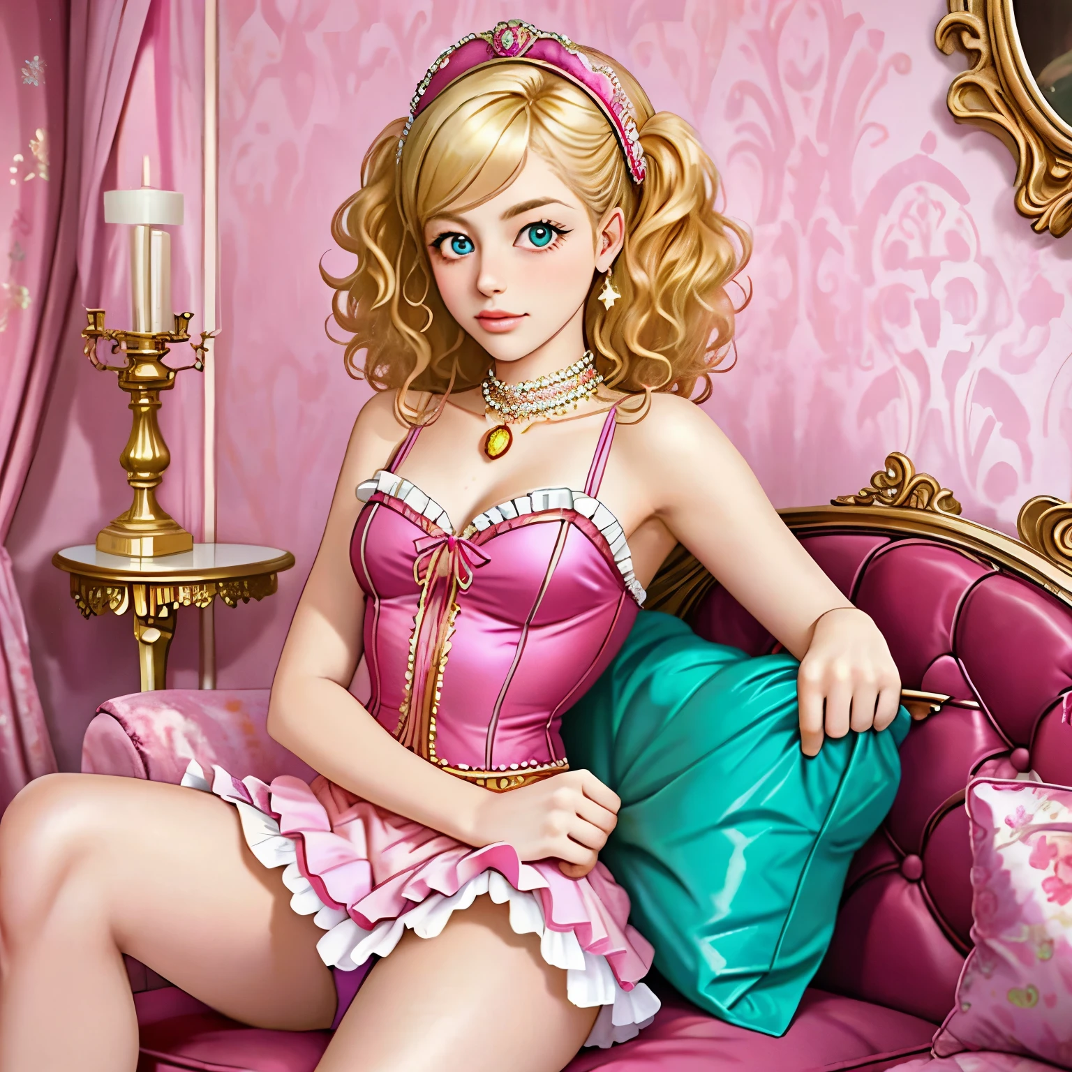 blond woman in a pink tutu posing on a red couch, by David LaChapelle, in style of petra collins, petra collins, # rococo, ellen von unwerth, , , david la chapelle, 1 9 8 6, 1986, steven meisel photography, tim walker, in style of tim walker