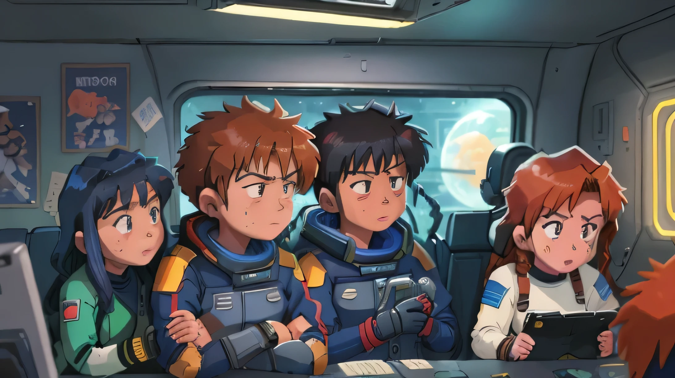 best quality,ultra-detailed,realistic,portrait,oil painting,cowboy bebop,spaceship,space bounty hunter,dark atmosphere,colorful,mysterious,neon lights,sharp focus,vivid colors,smoke-filled room,retro futuristic,moonlight shining through window,blues and jazz music,expressive characters,dominant red and blue tones,dynamic action scenes,astral landscapes,blurred motion,gritty urban settings,complex emotions,characteristics of each main character,Ed's goggles