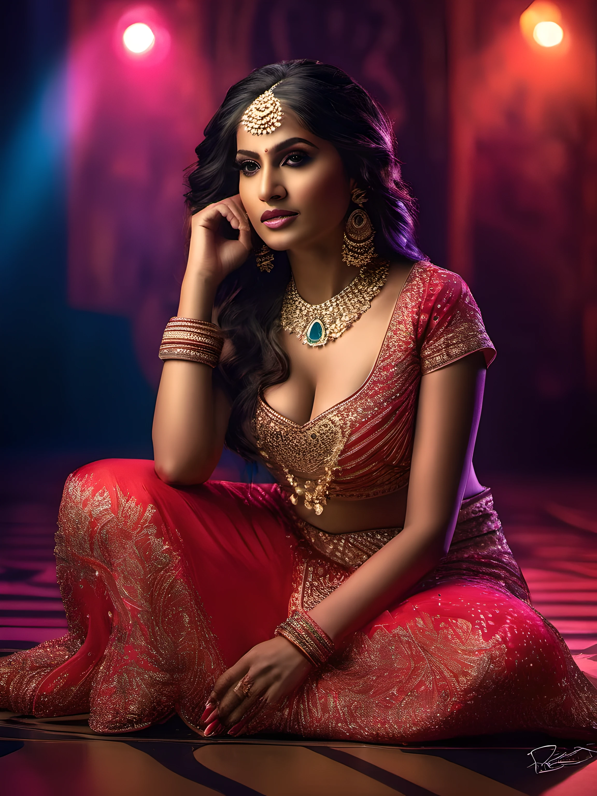 a photorealistic image of a woman of Indian descent, dressed in vibrant clothing, posed to the side and kneeling on a dance floor, with one hand resting on the floor. The woman's pose should be both glamorous and seductive, with a focus on her curves, specifically her cleavage and photogenic navel. Additionally, the image should highlight the beauty of her legs. The overall aesthetic should resemble a still from a movie, with a glamorous and lascivious pose. The image should be taken with a Nikon D750 camera, featuring a full-body shot with rich, deep colors and visual effects such as wind and other elements added in post-production to create a fantasy-like appearance.