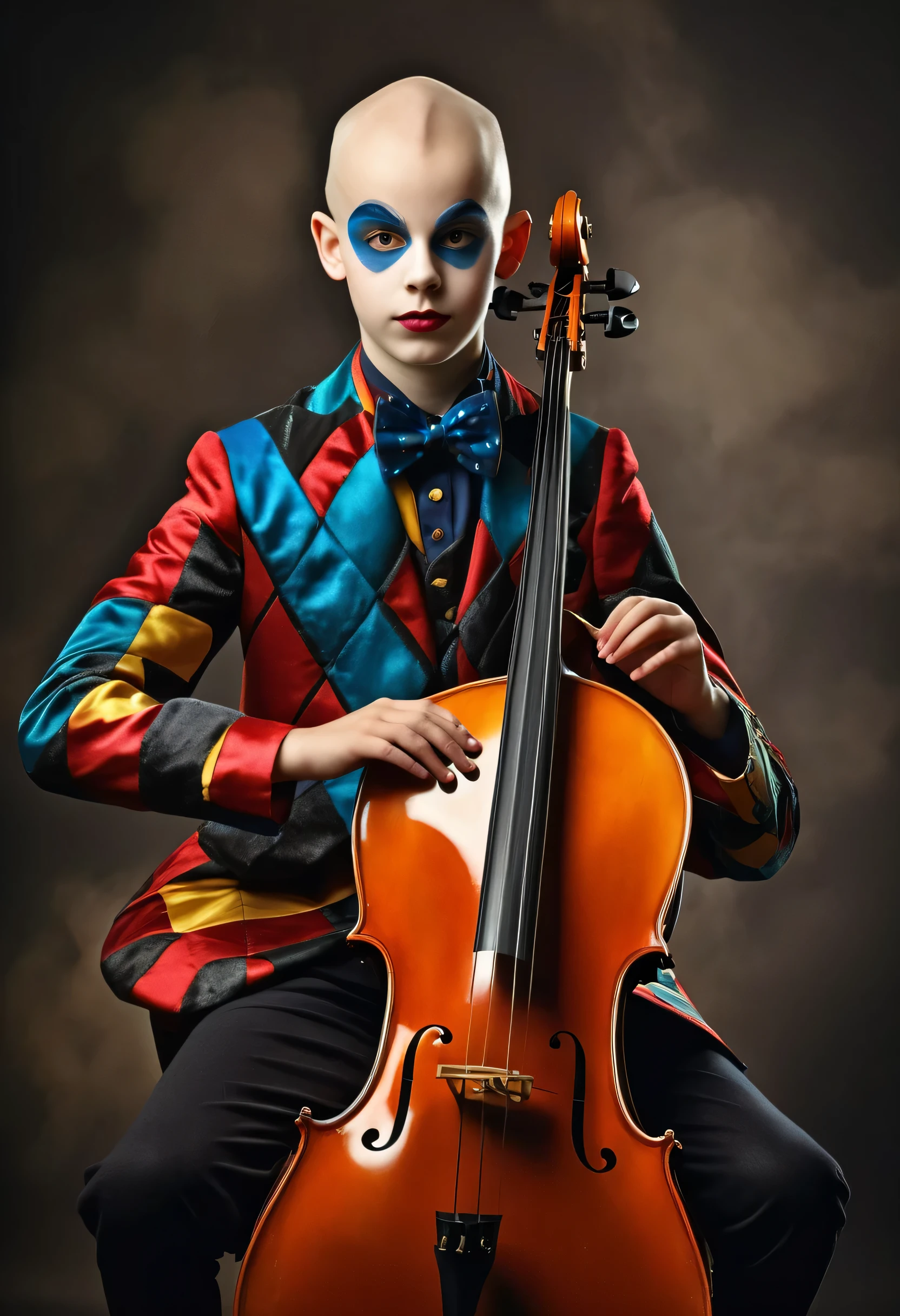 beautiful 14 year old boy in harlequin costume playing cello, competely bald, one stick in hand, smoky background, photorealistic best hdr quality
