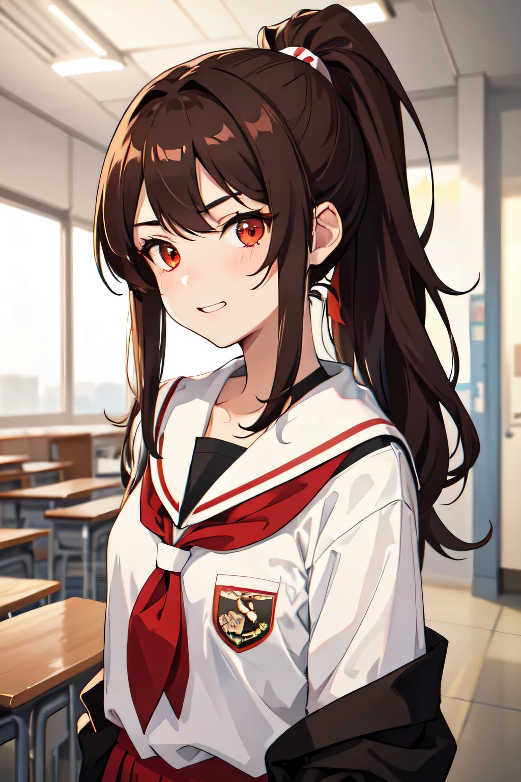 1girl,20y.o,brown hair,ponytail hair,red eyes,School outfit,smug expression,in school background