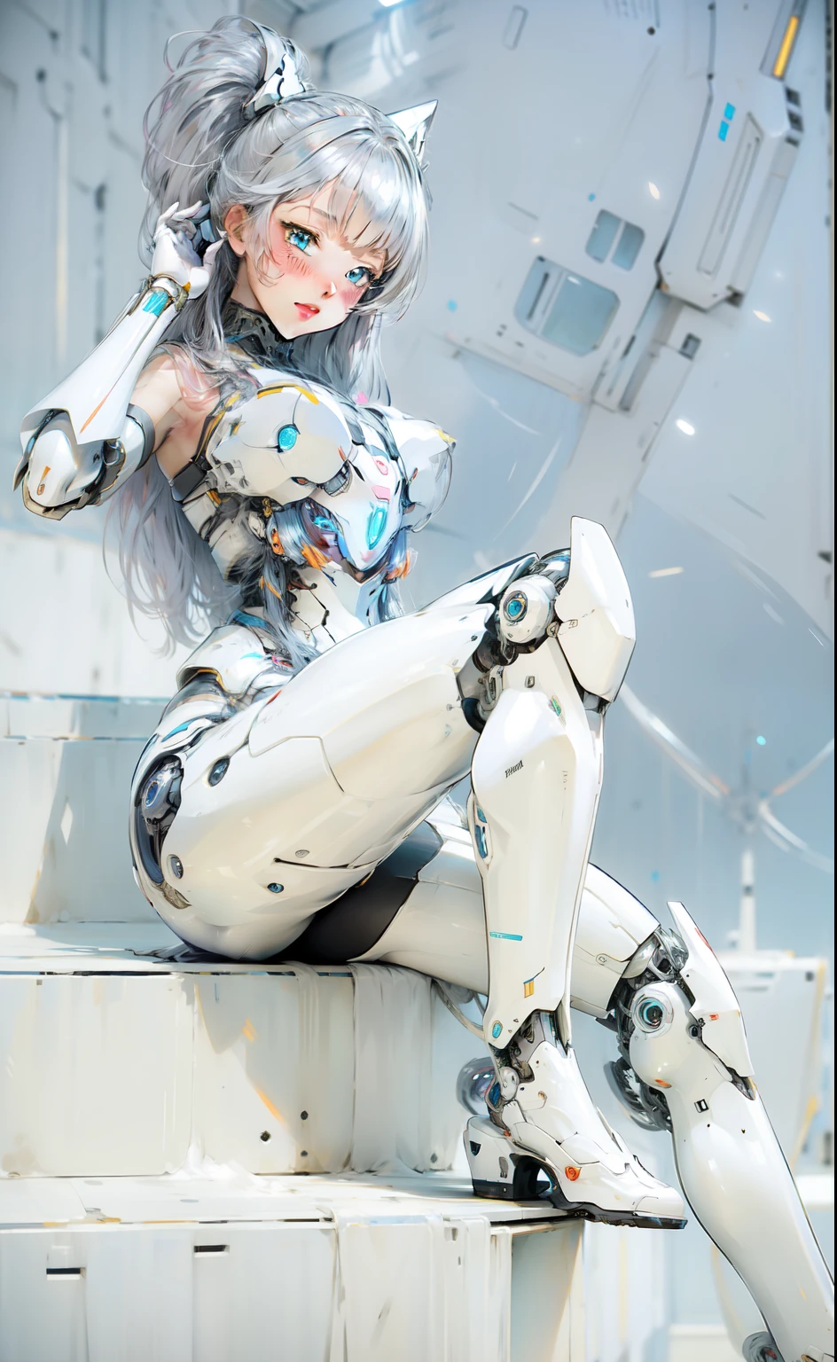 (masterpiece, best quality, ultra high res, beautiful detailed hair detailed face, perfrct feminine face), an anime picture of a woman in a white suit sitting on a stair, an anime drawing inspired by Leiko Ikemura, pixiv, furry art, fully robotic!! catgirl, anime manga robot!! anime girl, glossy white armor, gainax anime style, anime robotic mixed with organic, in white futuristic armor, perfect anime cyborg woman, by sakimichan, akira yasuda, george kamitani, and william-adolphe bouguereau