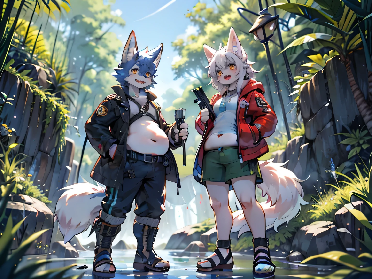 White wolf boy and girl in adventure,Super fat,Showing fat round belly,Orange pupils,excited,Rainforest,creek,Grass,Shade,dark,Fruit,sandals,White stockings,Army green shorts and jacket,,saber,High-tech submachine gun,Cyberpunk gear,Cool,Equipped with high-tech light strip military uniforms,Pink and blue light bulbs,pistol,torch,Two wolf boys adventure side by side,