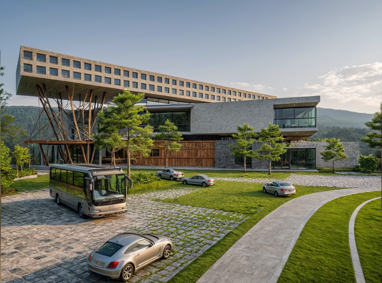 RAW photo, subject, 8k uhd, dslr, soft lighting, high quality, film grain, Fujifilm XT3, A Capture of stunning modern architecture, 1 floor- house, pine tree, grass, white wall, wooden, nature stone with long and sharp reed