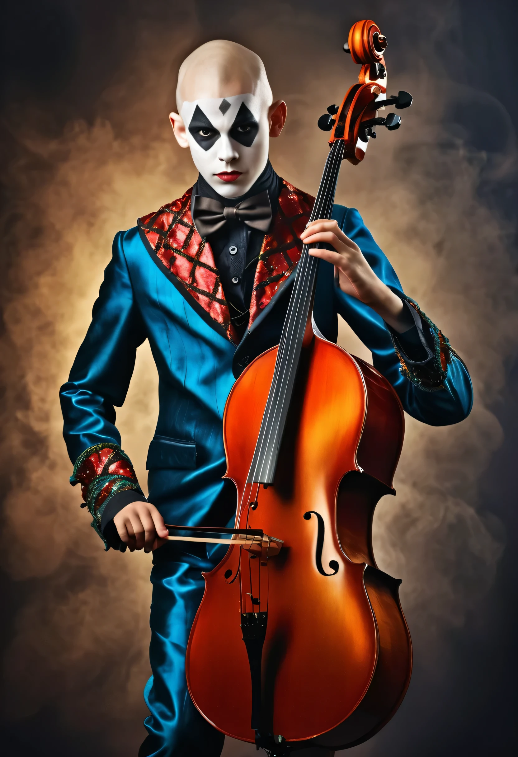 beautiful  boy in harlequin costume playing cello, competely bald, one stick in hand, smoky background, photorealistic best hdr quality