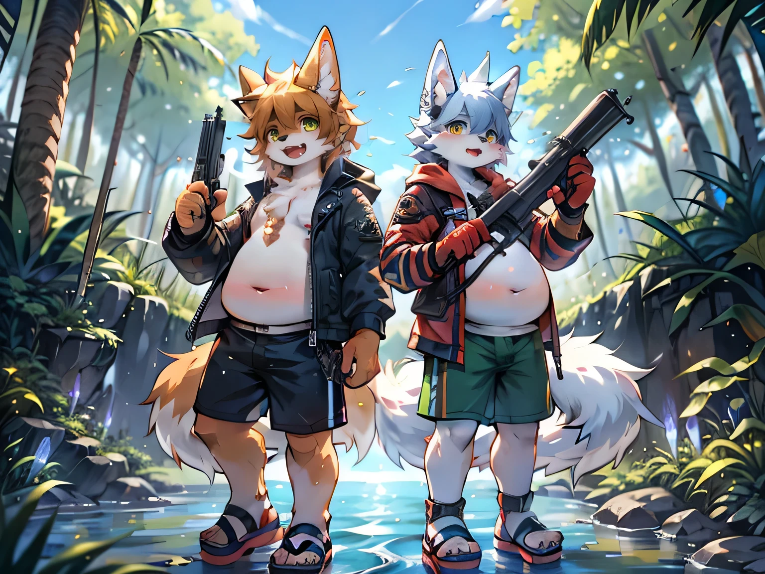 White wolf boy in adventure,Older brother and younger brother,Super fat,Showing fat round belly,Orange pupils,excited,Rainforest,creek,Grass,Shade,dark,Fruit,sandals,White stockings,Army green shorts and jacket,saber,High-tech submachine gun,Cyberpunk gear,Cool,Equipped with high-tech light strip military uniforms,Pink and blue light bulbs,pistol,torch,Two wolf boys adventure side by side,