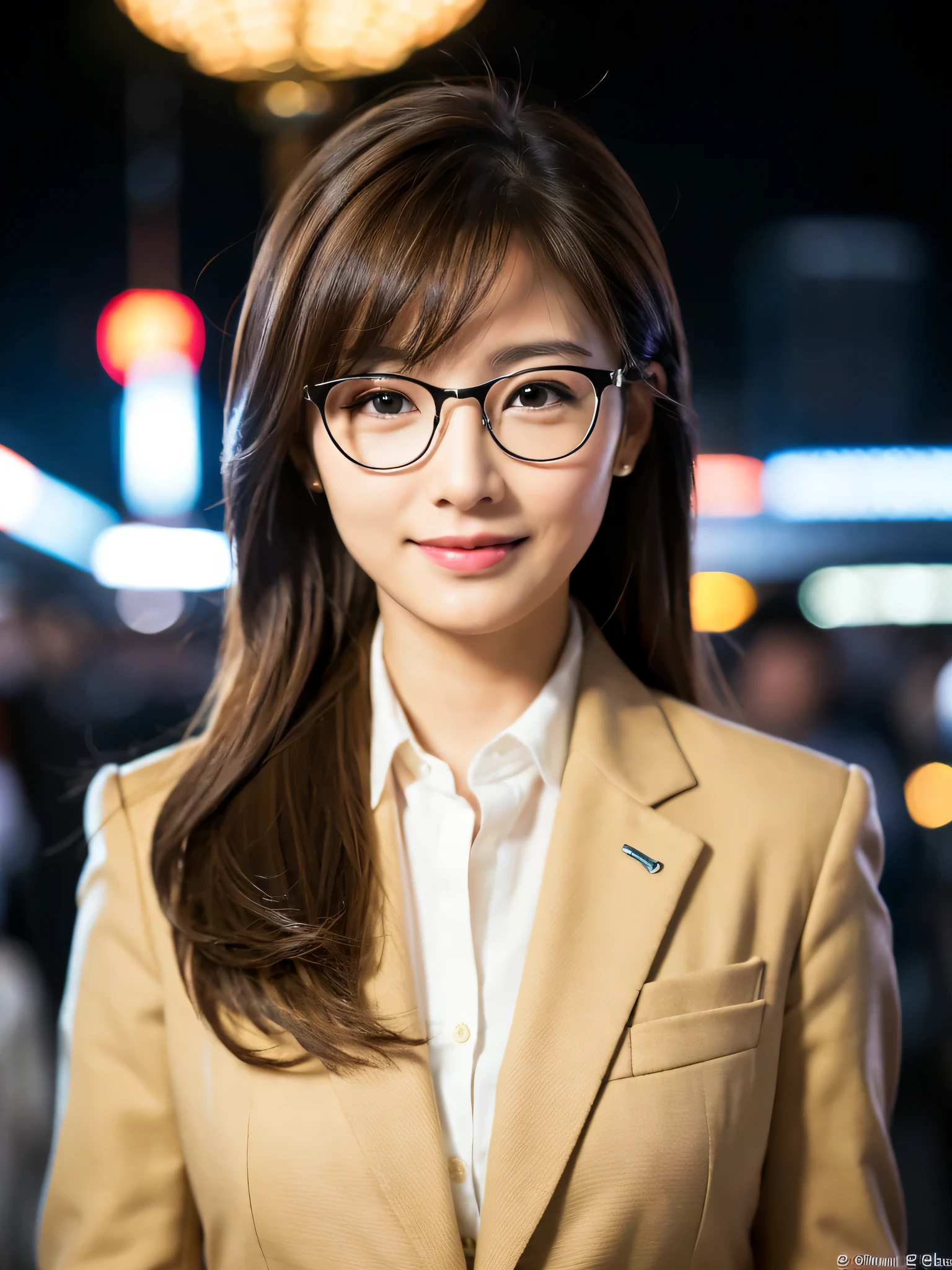 table top、highest quality、genuine、Super detailed、finely、High resolution、8k wallpaper、one beautiful woman、、、light brown disheveled hair、wearing a business suit、sharp focus、perfect dynamic composition、beautiful and detailed eyes、thin hair、Detailed genuine skin texture、smile、close-up portrait、model body shape、In Kyoto at night、wearing glasses