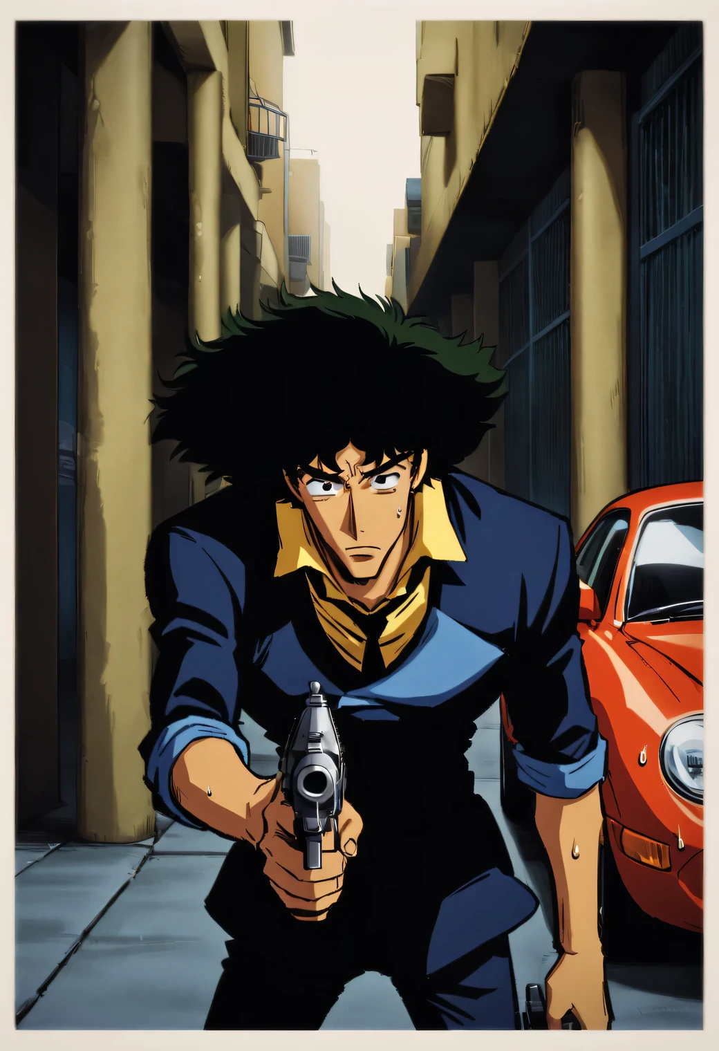 Cowboy Bebop, action, Spike Spiegel holding pistol behind parking pillar, sweat on forehead, sports car