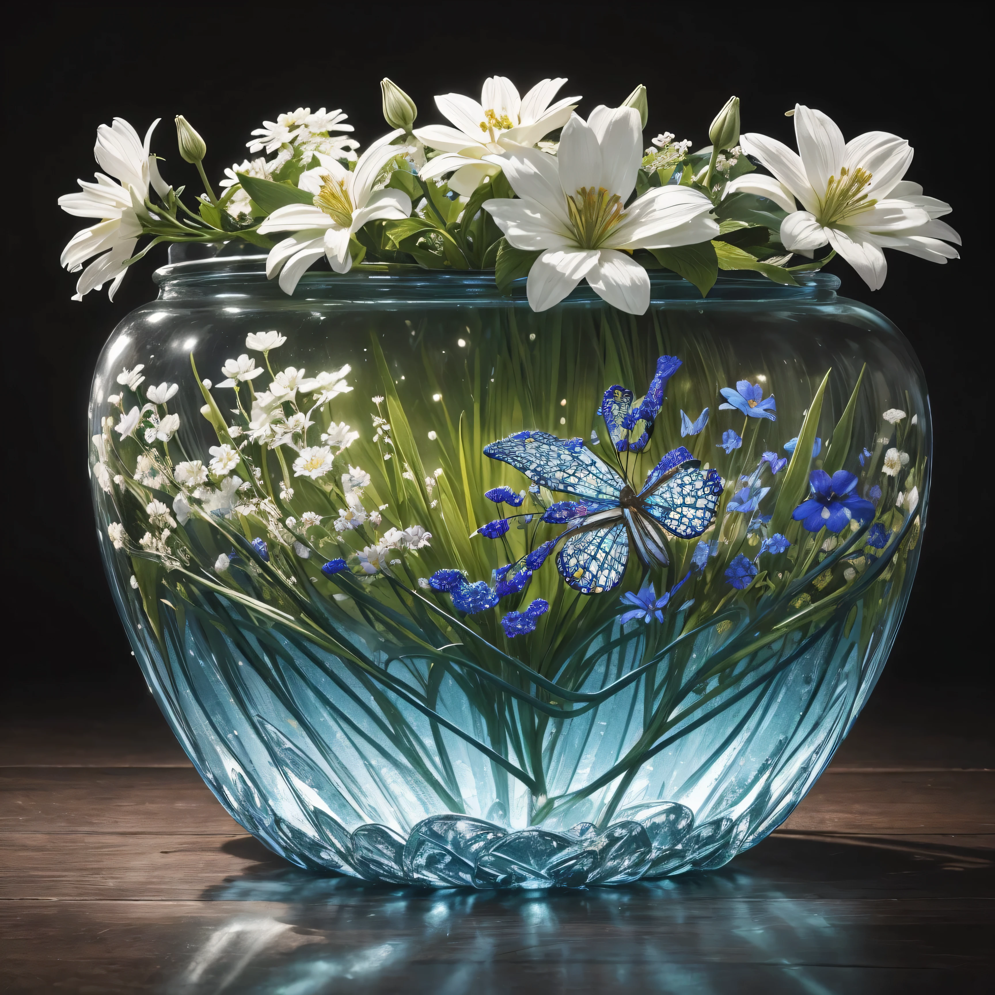 Create a hyperrealistic artwork in 4K resolution, showcasing insect-eater flowers meticulously crafted from recycled plastic bottles. Each bottle's intricate details should be distinctly portrayed, merging seamlessly into the intricate structures of the botanical masterpiece. The transformation from waste material to a complex and beautiful floral arrangement must be conveyed with precision and realism. The simplicity of the recycled bottles contrasts with the intricate patterns and forms of the flowers, creating a visually striking and thought-provoking piece that highlights the power of sustainable art.