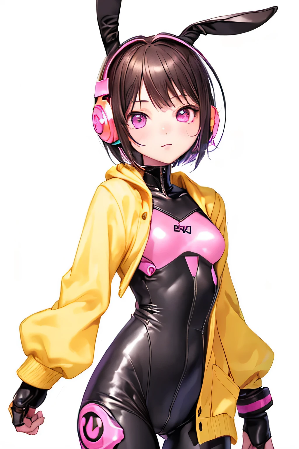 ((highest quality)), ((masterpiece)), (be familiar with), best quality ,masterpiece,,illustration, an anime girl , 1girl , look at viewer , pink eyes  ,short bob , black hair , simple background ,white background , cowboy shot, from front,  ,syber punk suits, black bodysuit has two lines ,big pink headphones,  yellow cardigan  ,   slender ,rabbit ears
