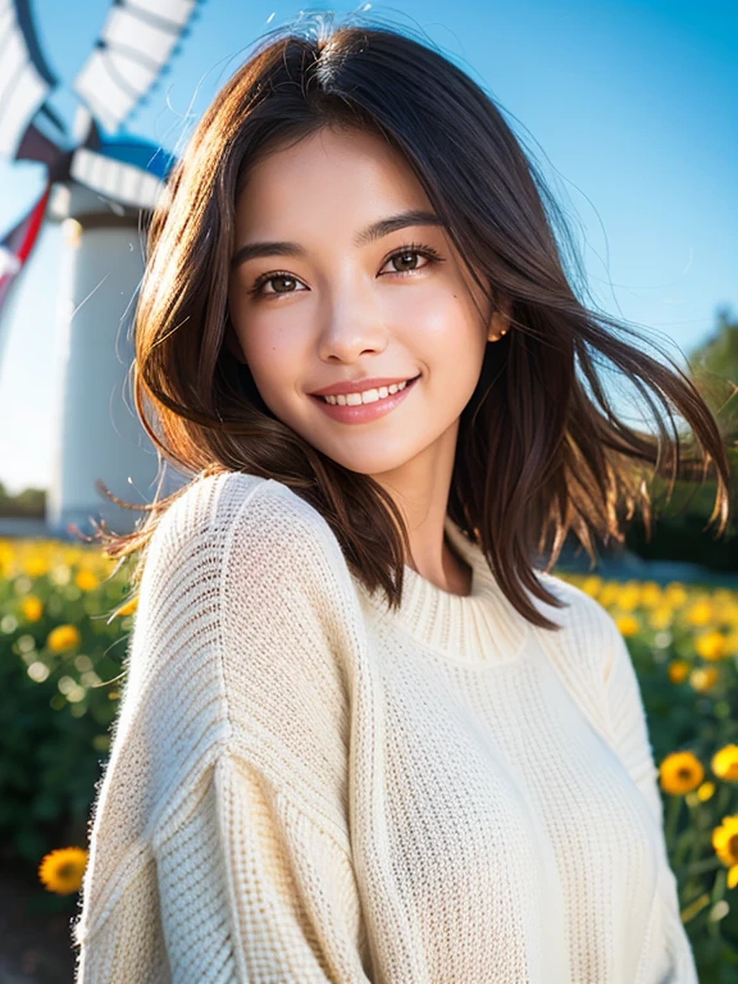 masterpiece, Best Quality, Raw photo, 8K, ultra-detailed face, 1girl, Close-up, Beautiful detailed skin, backlight, soft light, bashful, (shoot from front:1.2), happy smile, open your mouth to say something, Luminescent, Anatomically correct, Medium hair, hair blown by the wind, Eyes and faces with detailed, Textured skin, Professional Photography, Bokeh, Portrait, Professional Lighting, Solo, Cute, Girly, Film grain, sweater, jeans, outside, morning, windmill,