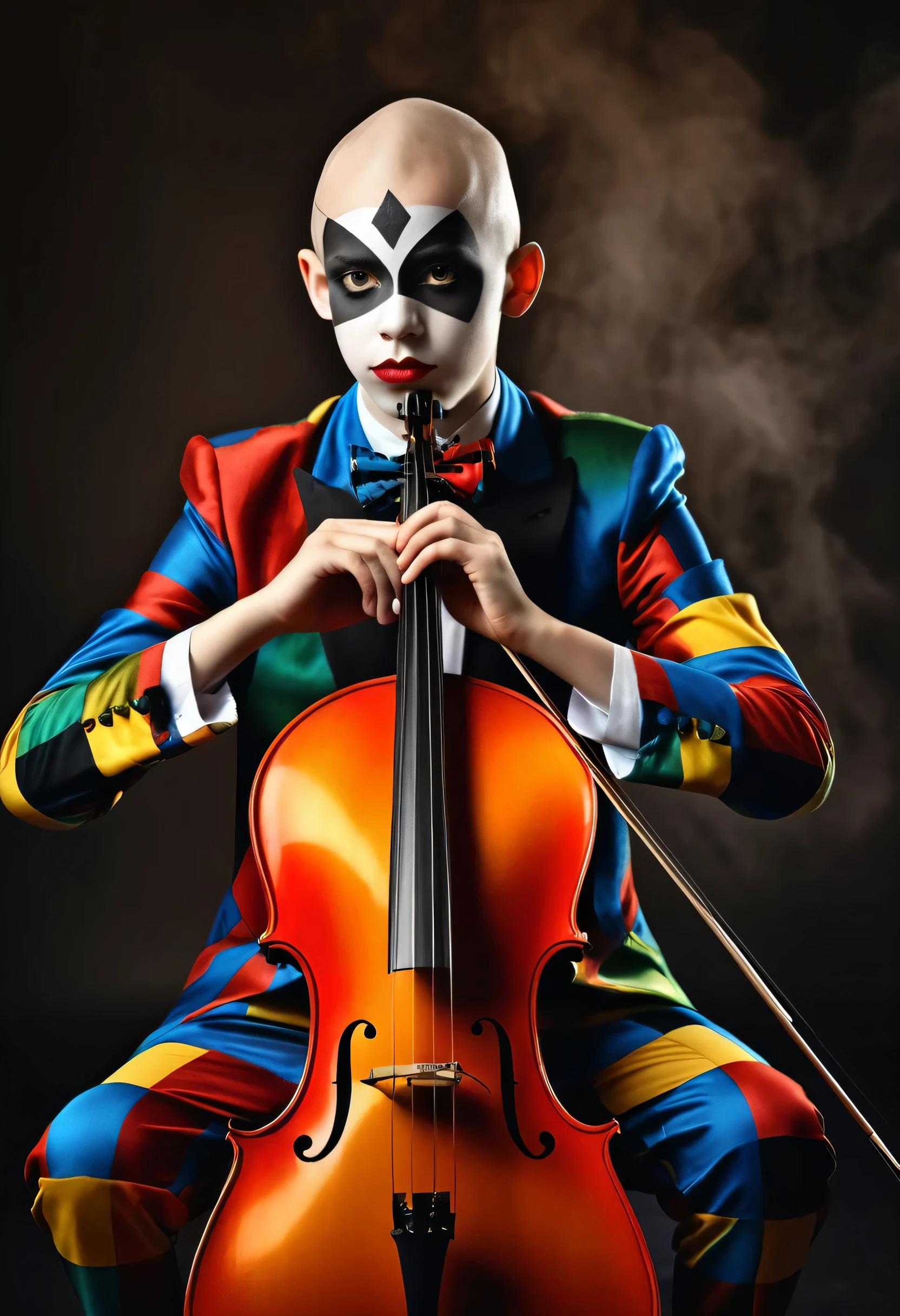 beautiful  boy in harlequin costume playing cello, competely bald, one stick in hand, smoky background, photorealistic best hdr quality