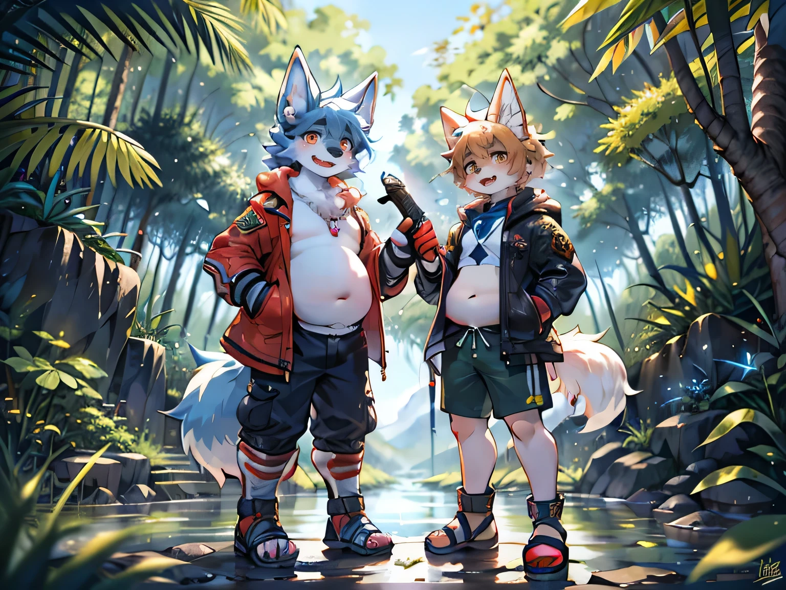 White wolf boy in adventure,Older brother and younger brother,Showing fat belly,Orange pupils,excited,Rainforest,creek,Grass,Shade,dark,Fruit,sandals,White stockings,Army green shorts and jacket,saber,High-tech submachine gun,Cyberpunk gear,Cool,Equipped with high-tech light strip military uniforms,Pink and blue light bulbs,pistol,torch,Two wolf boys adventure side by side,
