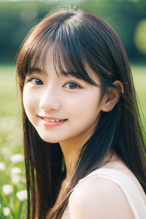 Beautiful woman in white camisole、Japanese Idol、20-year-old、85 mm、Close-up、Raw photo、A shy smile、beautiful eyes、Round eyes、Dating、look here、see-through bangs、Black Hair、Fluffy semi-long hair、field、Official Art、pure、Clear skin、Red cheeks、delicate