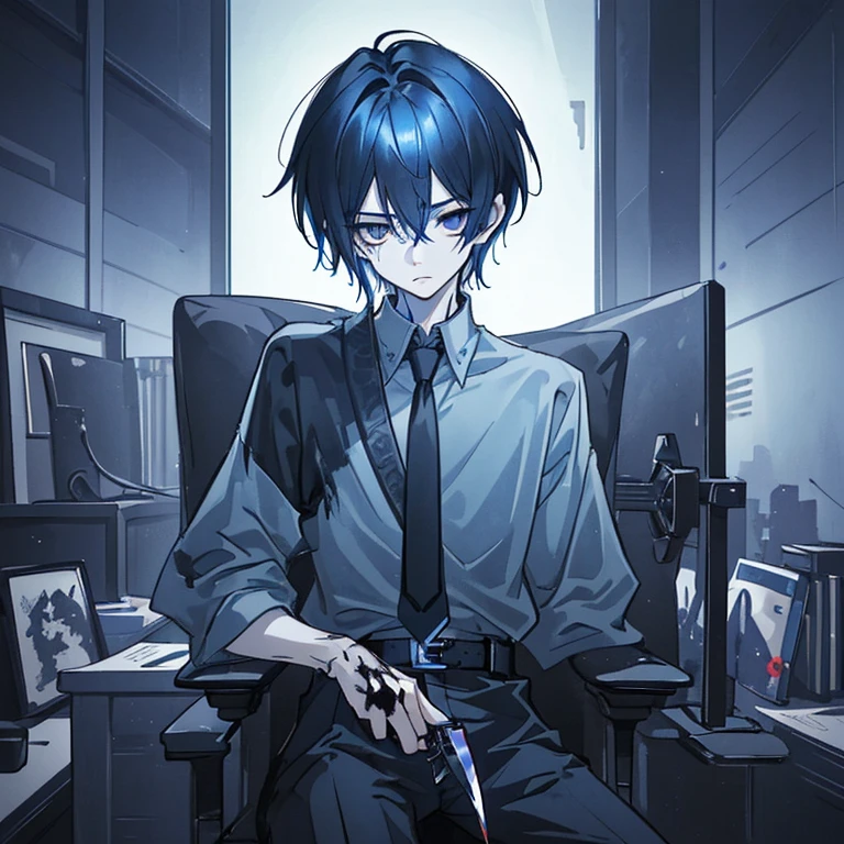 Look like 20yr or 18yr boy
dark blue hair color and light blue grey highlights color
Pure black Eye color beautiful eye
Short Hair look like a anime girl but he is actually a boy but handsome
Holding a knife with blood on it
Silent face and don't show emotions
Many Blood all over his
Dark background like a office at night sitting on a office chair or likely in the Spaceship at outing space
Black outfit with tie main color is dark blue and the gender is male
