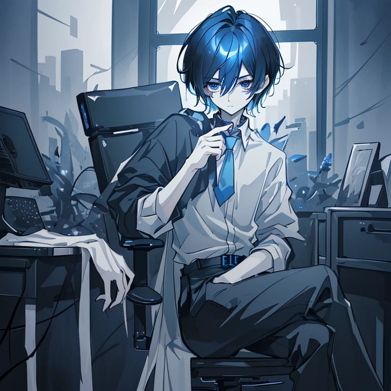Look like 20yr or 18yr boy
dark blue hair color and light blue grey highlights color
Pure black Eye color beautiful eye
Short Hair look like a anime girl but he is actually a boy but handsome
Holding a knife with blood on it
Silent face and don't show emotions
Many Blood all over his
Dark background like a office at night sitting on a office chair or likely in the Spaceship at outing space
Black outfit with tie main color is dark blue and the gender is male
