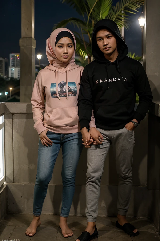 buatlah sebuah foto realistik, sepasang kekasih pria dan wanita hijab indonesia memakai Hoodie hitam yang sama dan celana joger putih , memakai sepatu sports , duduk di sebuah bukit kecil tepat dibawah pohon ,langit malam penuh dengan bintang, cahaya bulan dan pemandangan kota Jakarta dilatar belakang,focus wajah menghadap camera, hd,super realistik,detail yang nyata,hd romantis,caouple