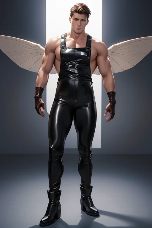 best quality,masterpiece,Ultra high detail,A handsome muscular elf fairy man, With big wide massive butterfly wings, Short black hair,topless,),(super duper bulge his beige micro thong),realistic,Grey background,