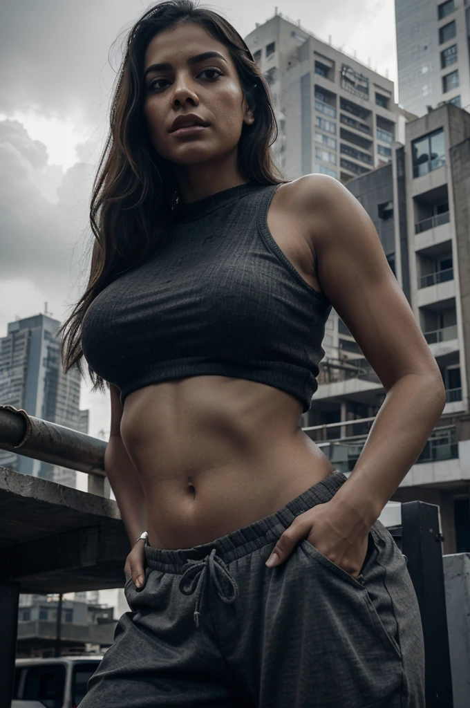 "A towering Giantess in a cool and laid-back hippie style is rocking a crop top and baggy pants. Her toned and athletic build hints at her massive strength. She seems to be Indian origin and casually strolling through the bustling cityscape of Gurgaon City, as towering buildings loom overhead. Smoke and clouds roil around her, adding to the sense of epic scale and drama. The lighting is dark, gloomy, and realistic, creating a tense and ominous atmosphere. The perspective is from below, emphasizing the sheer majesty and power of the Giantess."