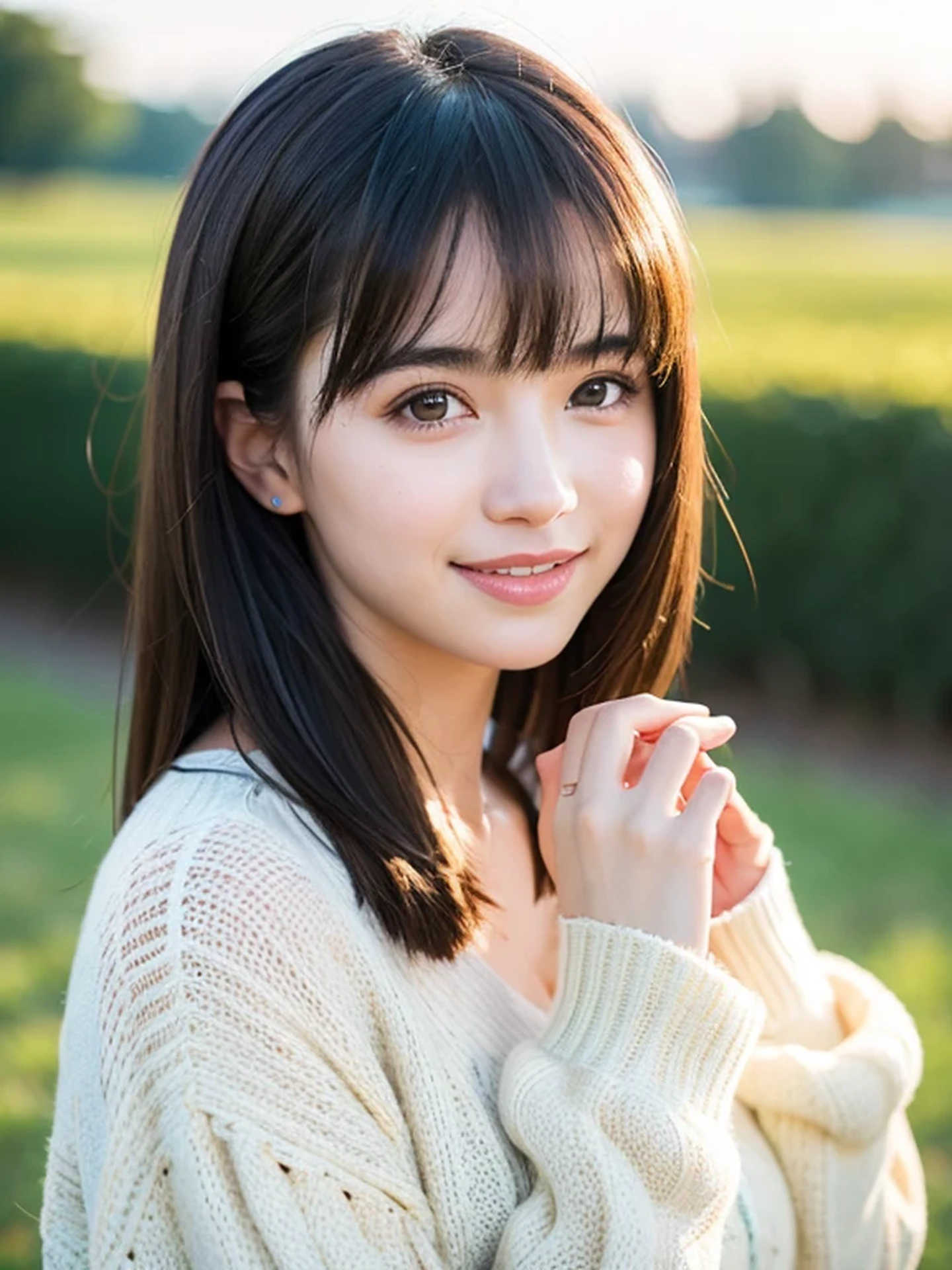 masterpiece, Best Quality, Raw photo, 8K, ultra-detailed face, 1girl, Close-up, Beautiful detailed skin, backlight, soft light, bashful, (shoot from front:1.2), happy smile, open your mouth to say something, Luminescent, Anatomically correct, Medium hair, bangs, hair blown by the wind, Eyes and faces with detailed, Textured skin, Professional Photography, Bokeh, Portrait, Professional Lighting, Solo, Cute, Girly, Film grain, sweater, jeans, outside, morning, windmill,
