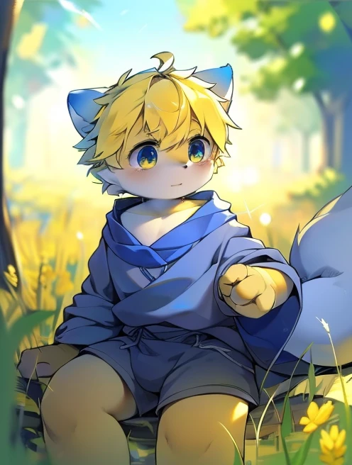 (Best image quality),(masterpiece),(((the only person))),(Super detailed),(Male Arctic fox:1.5), (yellow skin:1.3), hairy,(Golden fur:1.3),((silver pupils)) ,(Golden ears),(hairy 动物 耳朵s),((wearing blue robe),natural lighting,complex background,Detailed face,wheat field,details on face,Character focus,Detailed clothes,The whole body,Depth of Field,lighting perfect,Sharp focus,Light Particles,alone,blonde,golden hair,silver pupils,Blue ears,White shorts