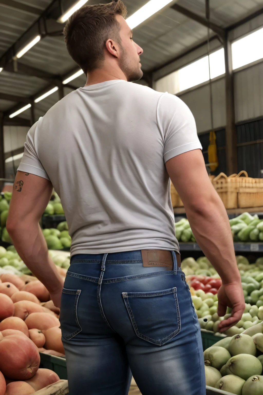 JordanBrandt, vistiendo una camiseta sin mangas y jeans, en el mercado de agricultores. Backside 