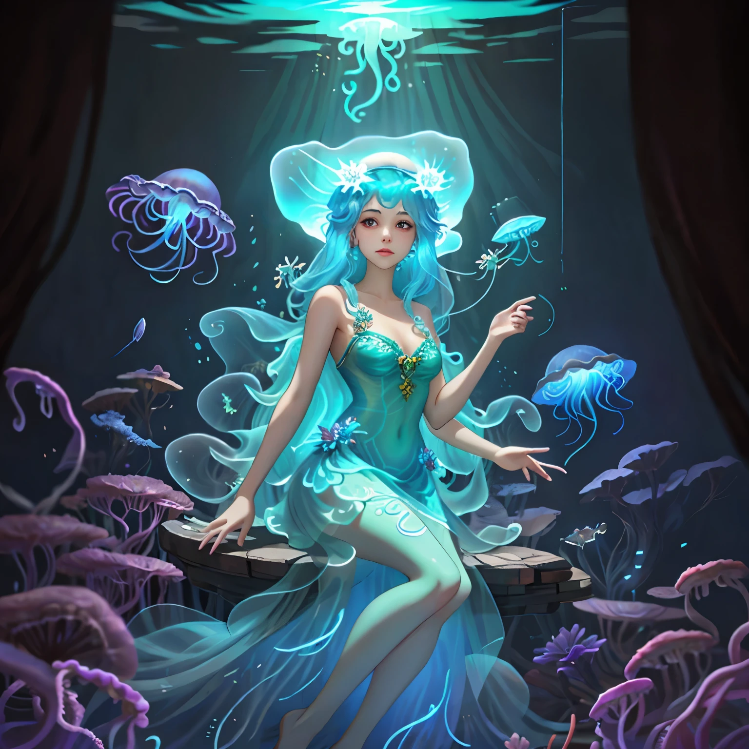 jellyfishs are floating in the water with a woman on it, cyberpunk jellyfish, jellyfish pheonix, jellyfish priestess, neon jellyfish, bioluminiscent creature, deep sea creature, jellyfish god, glowing jellyfish, sea creature, by Christopher Balaskas, aquatic creature, 🌺 cgsociety, by Mike Winkelmann, translucent glowing jellyfish