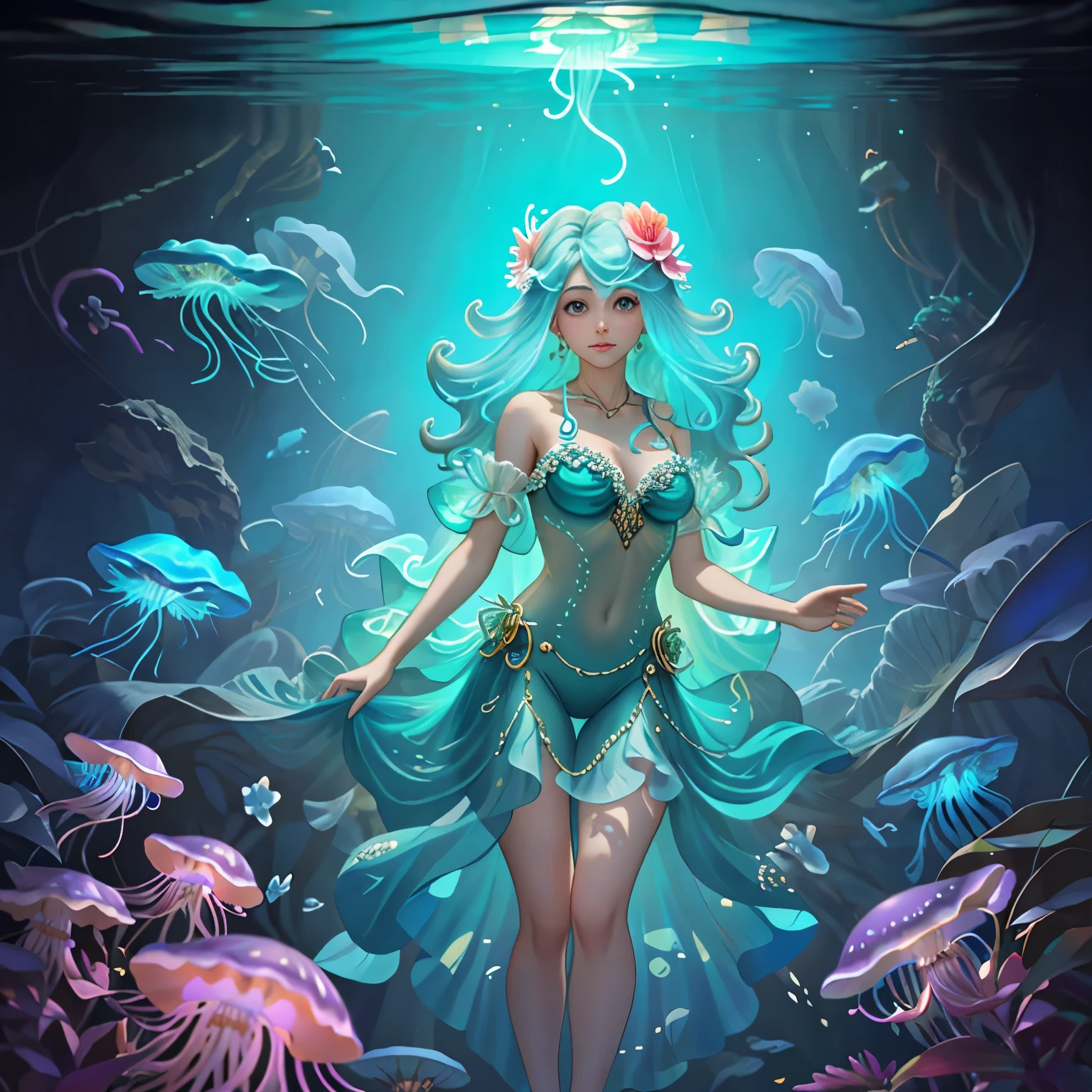 jellyfishs are floating in the water with a woman on it, cyberpunk jellyfish, jellyfish pheonix, jellyfish priestess, neon jellyfish, bioluminiscent creature, deep sea creature, jellyfish god, glowing jellyfish, sea creature, by Christopher Balaskas, aquatic creature, 🌺 cgsociety, by Mike Winkelmann, translucent glowing jellyfish