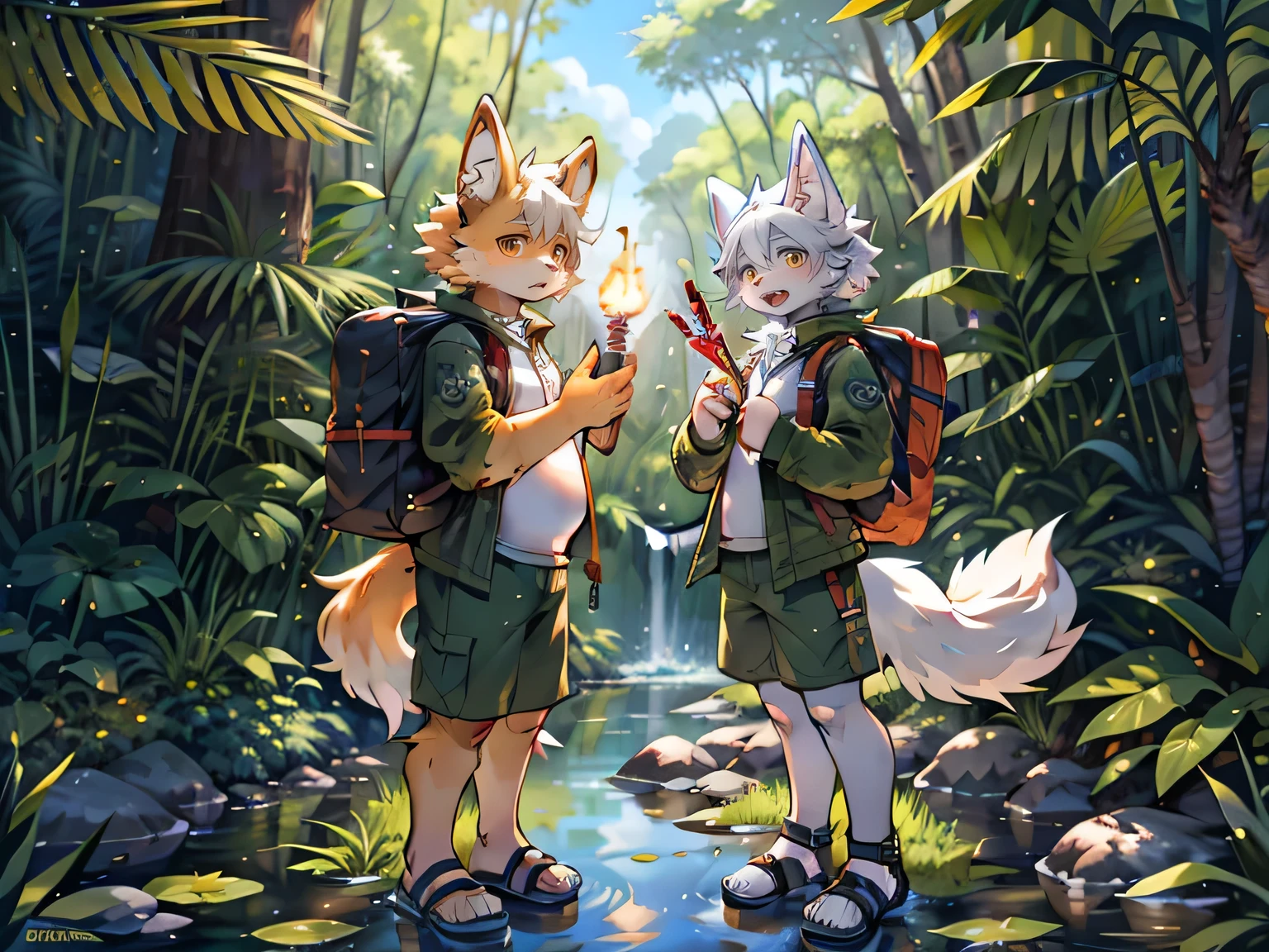 White wolf boy in adventure，Older brother and younger brother，Showing fat round belly，Orange pupils，excited，Rainforest，creek，Grass，Shade，dark，Fruit，sandals，White stockings，Army green shorts and jacket，saber，Backpack，torch，Two wolf boys adventure side by side，