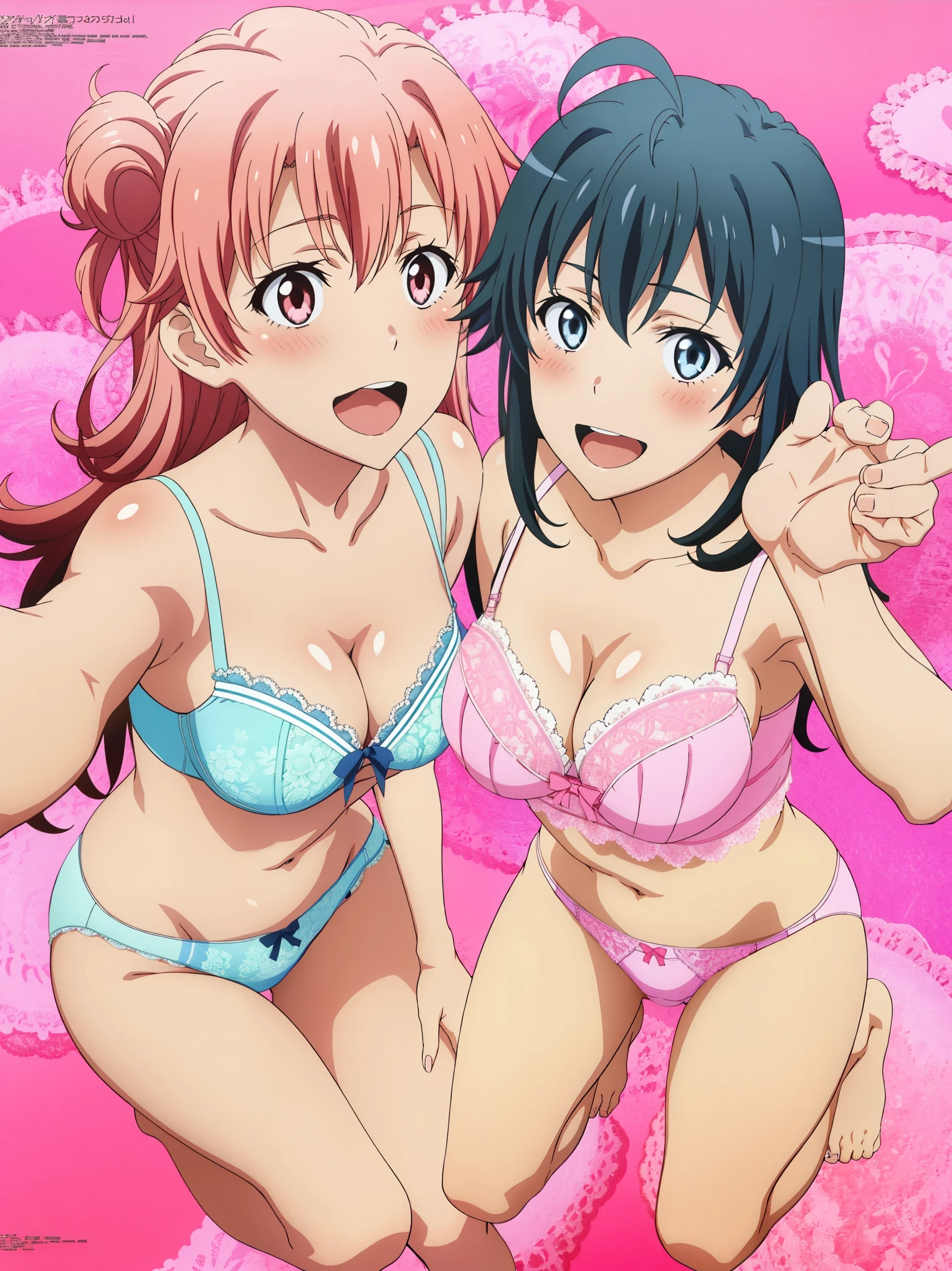 2 girls , Yukinoshita Yukino , yuigahama yui , Jump, In underwear,Pink is good、Pink lace panties,Light Blue Bra,Light blue lace panties,Pussy,High angle,open mouth smile,blush,look at the camera,megami magazine,no background,
