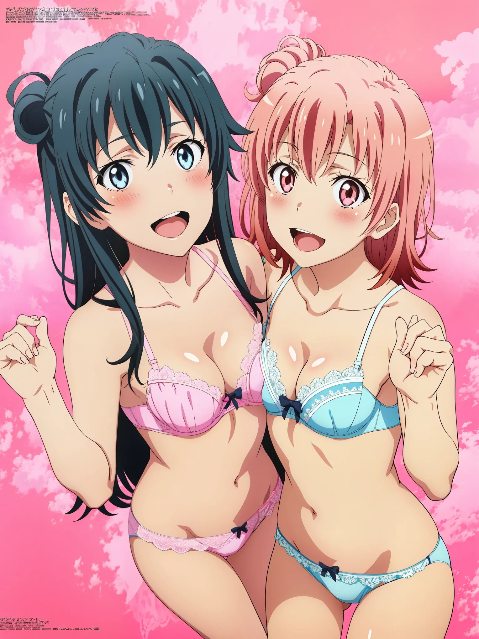 2 girls , Yukinoshita Yukino , yuigahama yui , Jump, In underwear,Pink is good、Pink lace panties,Light Blue Bra,Light blue lace panties,Pussy,High angle,open mouth smile,blush,look at the camera,megami magazine,no background,