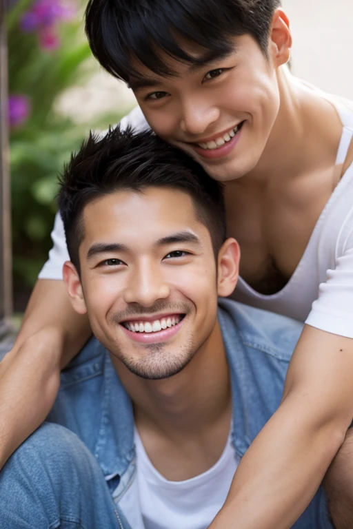 two men look at each other、18-year-old、male、Japanese、very handsome、full-naked、abs、Pectoral muscle、body hair、open legs、spread legs、smile、bamboo forest、