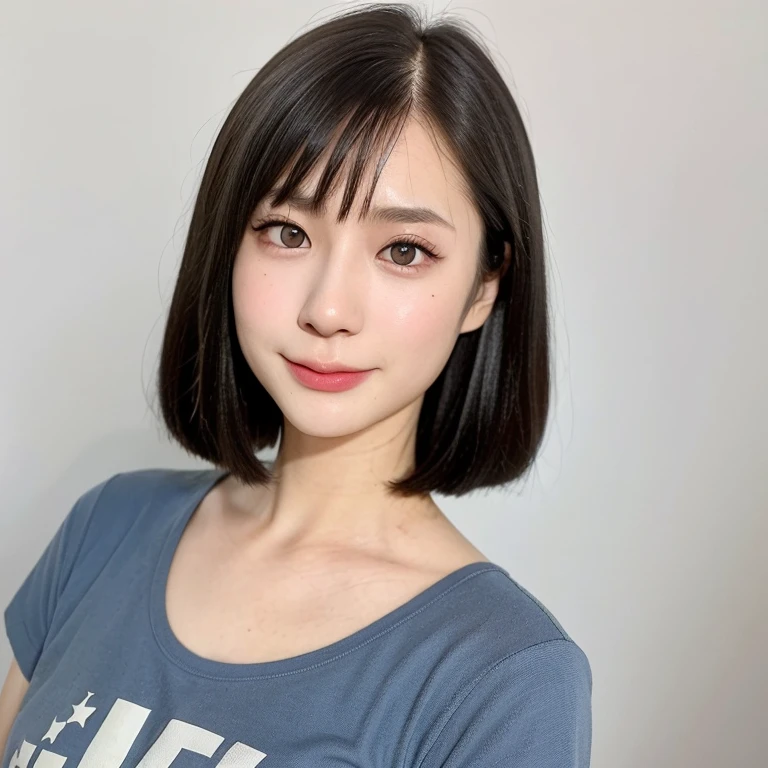 (kawaii 24 year-old Japanese girl, Nogizaka idol, Korean idol), (glossy black hair, messy very short hair, messy pixie cut, symmetric hair length, even length hair edges:1.3), (bangs), (extra rounded face, black eyes, single eyelid, no makeup, soft smiling:1.2), (wearing sky blue t-shirt:1.3), (flat chest, extra small breasts:0.8), (looking at viewer:1.2), BREAK, (simple white background:1.3), (dynamic angle:1.3), BREAK, (masterpiece, best quality, photo realistic, official art:1.4), (UHD, 8K quality wallpaper, high resolution, raw photo, golden ratio:1.2), (shiny skin), professional lighting, physically based rendering, award winning, (perfect ???????, highly detailed skin, extremely detailed face and eyes), Carl Zeiss 300 mm F/2.8, depth of field, 1girl, solo,