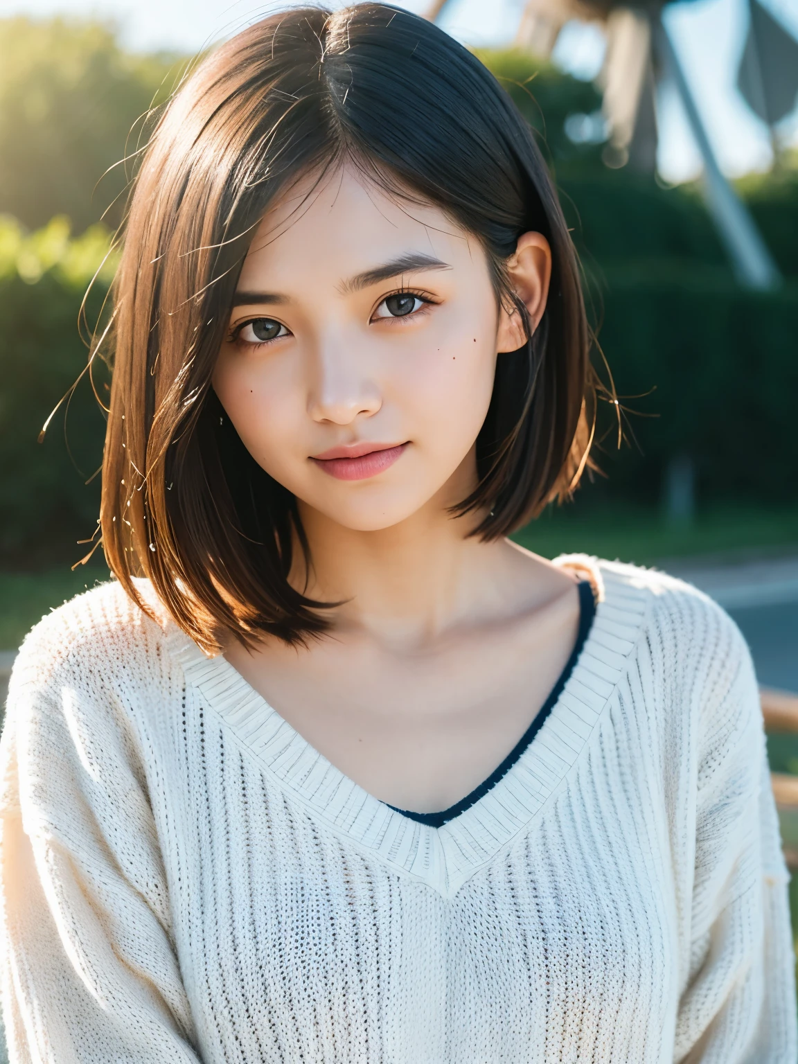 masterpiece, highest quality, RAW Photos, 8k, Highly detailed face, One girl, close, beautiful detailed skin, Backlight, Soft Light, Shy, (Shoot from the front:1.2), Smile, open your mouth to say something, emit light, Anatomically correct, Medium Hair, hair fluttering in the wind, Eyes and facial details, Textured skin, Professional photography, Bokeh, Portraiture, professional lighting, alone, cute, Girlish, Film Grain, sweater, jeans, outside, morning, windmill,