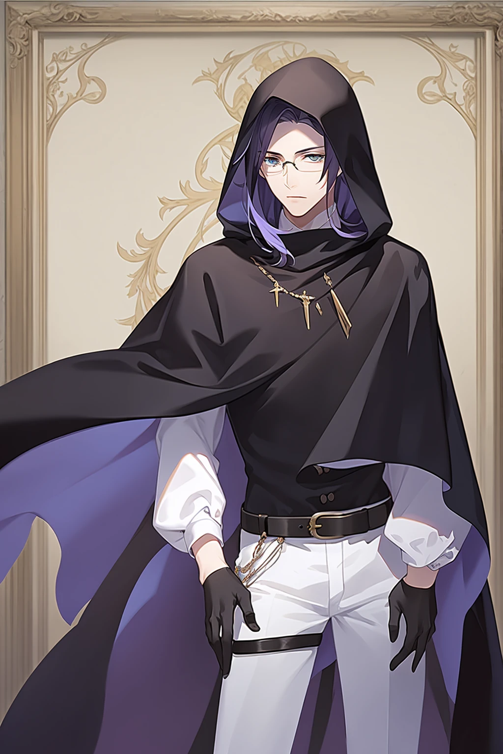 solo, long hair, looking at viewer, bangs, blue eyes, shirt, gloves, long sleeves, 1boy, holding, jewelry, standing, purple hair, male focus, cowboy shot, glasses, black gloves, belt, pants, hood, cape, character name, gem, cloak, black belt, white pants, argyle, black cape, monocle, argyle background, 8K,HDR,high resolution,(Masterpiece :1.3),(best quality :1.2),high quality,high detail,blurry background,