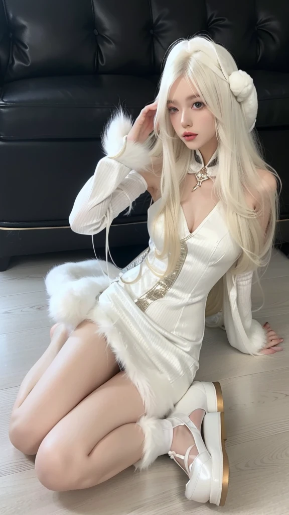 blond woman in white outfit sitting on floor with White fur, White fur, has long white hair, fair skin, perfect white haired girl, has long white hair, anime barbie white, Smooth white ultra-thin one-piece transparent silk, white cat girl, Surreal sweet bunny girl, Amaranth, White fluffy fur, Light milky white porcelain skin, Ava Max
