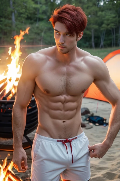masterpiece, best quality, 1 man, red hair, red eyes, forked hair, short hair, long bangs, handsome, handsome, masculine, gentle, tall, quiet, abs. Shirtless. Sunset beach. Bonfire. Camp. Survival. Shorts. Camping rice. Camping. Bonfire. Campfire. Grill the fish on the bonfire. Japanese. Wearing a white underwear thongs super bulge.