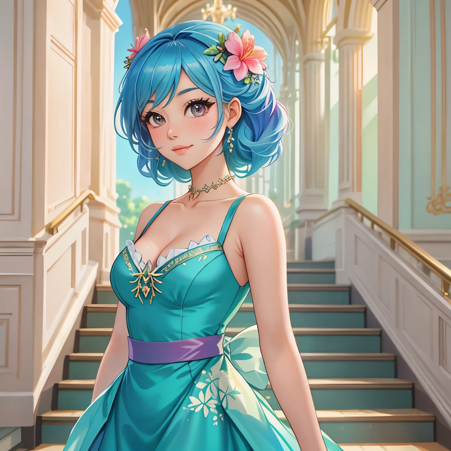 a close up of a woman in a dress standing in front of a staircase, in the style of ross tran, :: rossdraws, ross tran style, rossdraws cartoon vibrant, inspired by Ross Tran, rossdraws pastel vibrant, 🌺 cgsociety, by Ross Tran, digital art on pixiv, rossdraws global illumination, magical dress, beautiful anime art