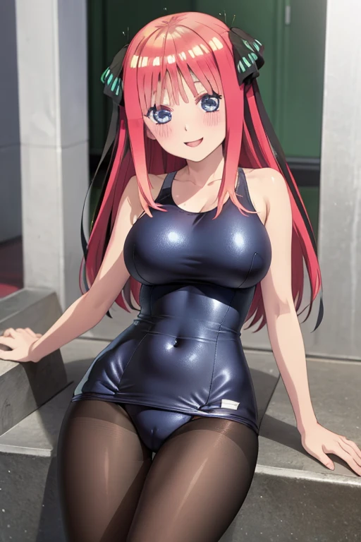 best quality, ultra-detailed masterpiece, anime art style, cute characters, nino nakano, one-piece swimsuit, large breasts, pantyhose, blush, smile