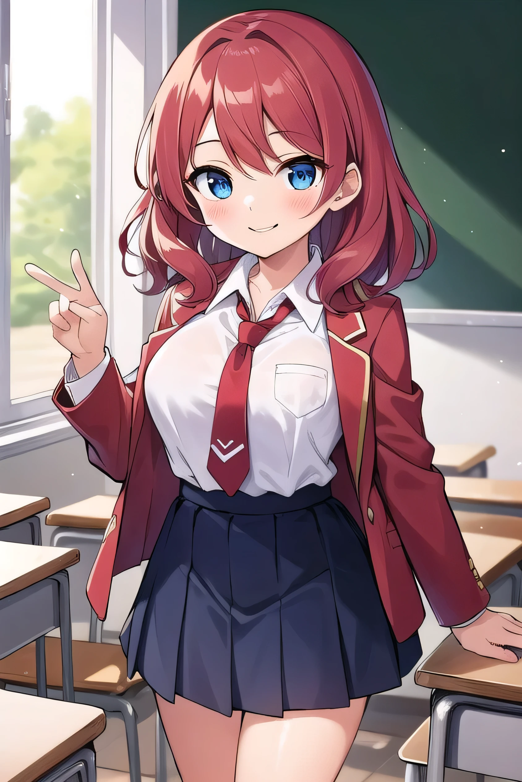 Big breasts, red hair, blue eyes, droopy eyes, red jacket, long sleeves, navy skirt, elementary school student, super big breasts, (medium hair: 1.2), baggy clothes, elementary school student, young face, short height, , old, shy A shy guy, smiling a little, in the classroom, trying to open the buttons of his shirt, white shirt, red tie