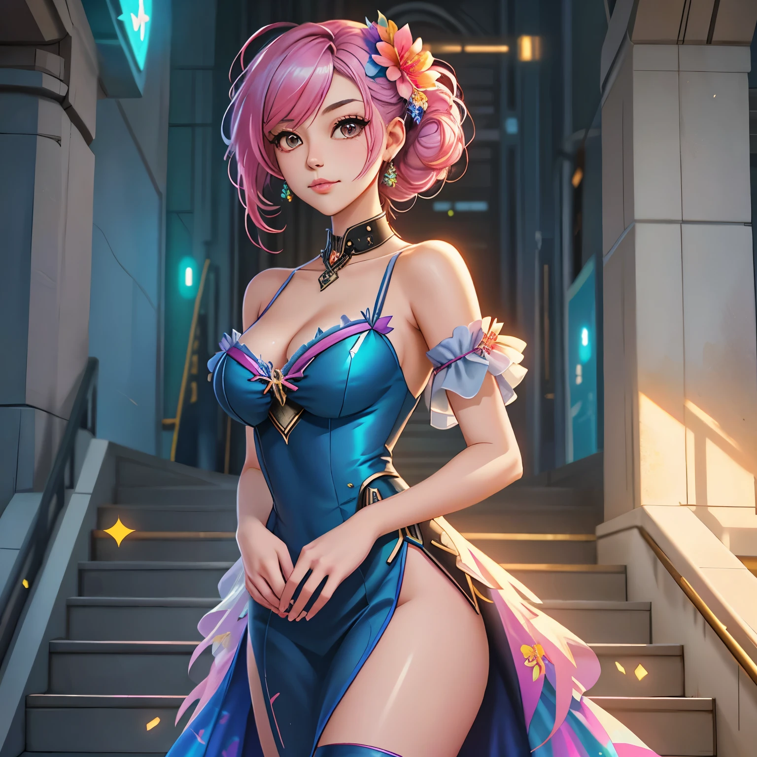 a close up of a woman in a dress standing in front of a staircase, cyberpunk art inspired by Ross Tran, trending on cgsociety, fantasy art, in the style of ross tran, :: rossdraws, rossdraws cartoon vibrant, ross tran style, rossdraws pastel vibrant, 🌺 cgsociety, digital art on pixiv, rossdraws global illumination, magical dress