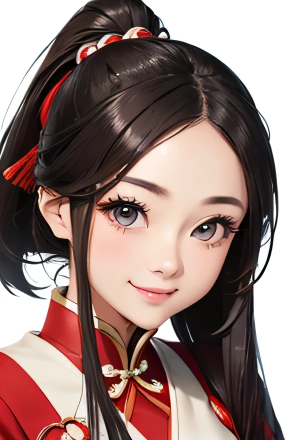 highest quality、Realistic、Japanese、Women、zoom、cute、Grey Eyes、Long ponytail、chestnut hair、All back、The forehead is protruding、Red Chinese Dress、No sleeve、Looking down、Big smile、Bust Shot、thin、Small breasts