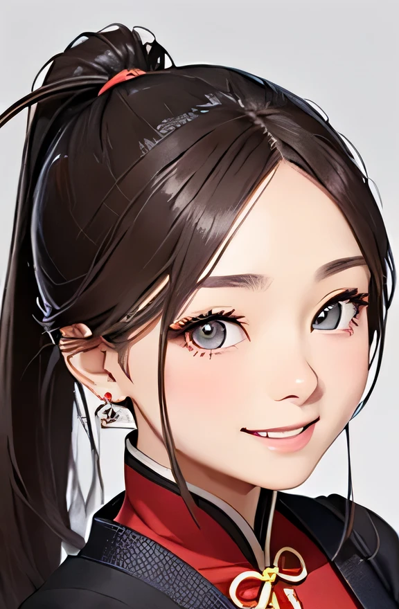 highest quality、Realistic、Japanese、Women、zoom、cute、Grey Eyes、Long ponytail、chestnut hair、All back、The forehead is protruding、Red Chinese Dress、No sleeve、Looking down、Big smile、Bust Shot、thin、Small breasts