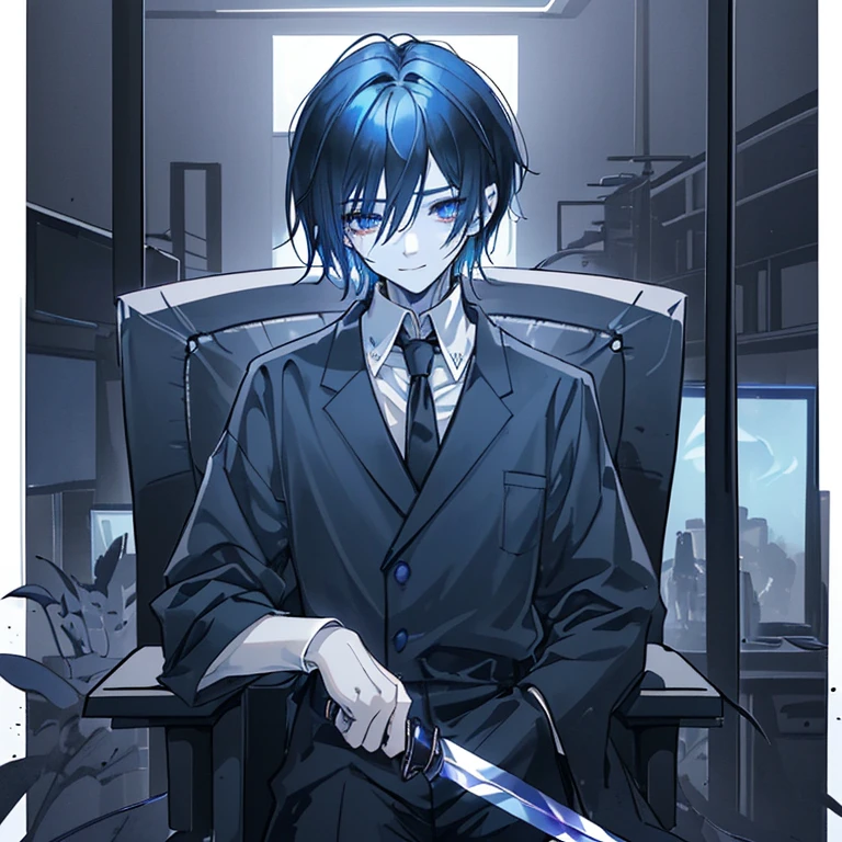 Look like 20yr or 18yr boy
dark blue hair color and light blue grey highlights color
Pure black Eye color beautiful eye
Short Hair look like a anime girl but he is actually a boy but handsome
Holding a knife with blood on it
Silent face and don't show emotions
Many Blood all over his
Dark background like a office at night sitting on a office chair or likely in the Spaceship at outing space and the spirit Look like his and smile at his and a little bit tear (likely to be his brother)
Black outfit with tie main color is dark blue and the gender is male