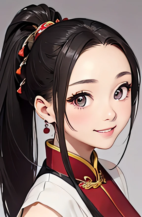 highest quality、Realistic、Japanese、Women、zoom、cute、Grey Eyes、Long ponytail、chestnut hair、All back、The forehead is protruding、Red Chinese Dress、No sleeve、Looking down、Big smile、Bust Shot、thin、Small breasts
