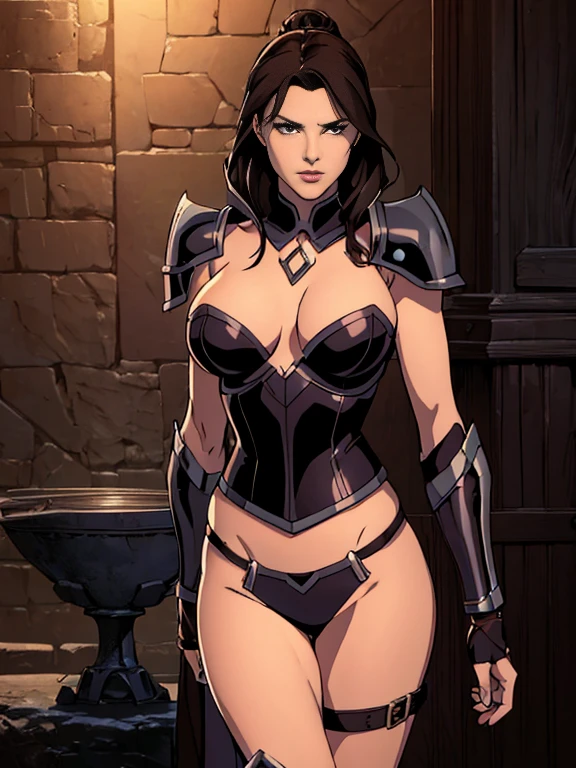 (masterpiece, top quality, best quality, official art, beautiful and aesthetic:1.2), (1girl:1.3), sexy, pornstar face, dark brown hair in a tight bun, extremely detailed, portrait, looking at viewer, solo, (full body:0.6), gray background, close up, charlatan, mysterious, (topless:1), standing in a garden, crest, pauldrons, greaves, bracers, gloves, metal, leather, bracers, armor, gauntlets, boots, buckles, straps, (big breasts), slim waist, long legs, minimal background, dark mysterious lighting, shadows, magical atmosphere, dutch angle, impractical armor, (nearly naked:1), (NSFW:1)